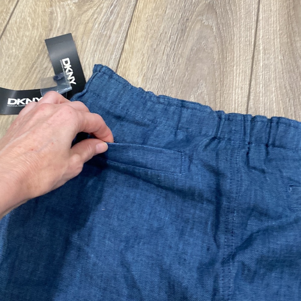 NWT DKNY 100% Linen Denim Blue Elastic Waist Knee Length Skirt 10 - Picture 6 of 16